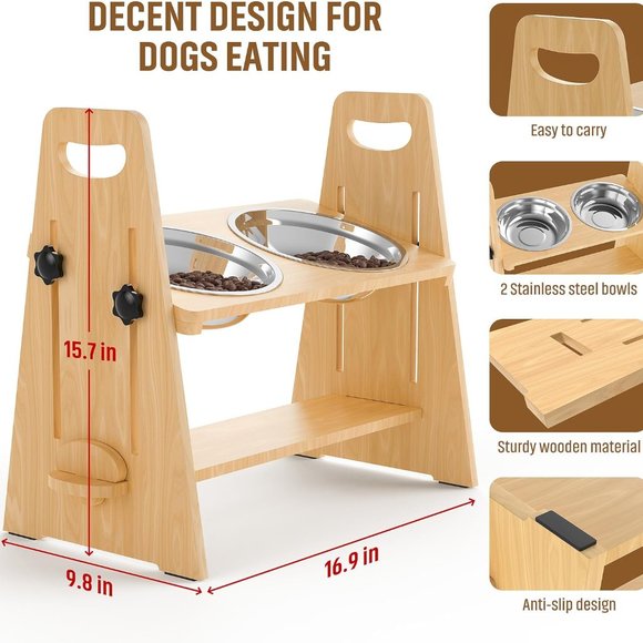 NEW-Elevated Adjustable Wooden Dog Bowls Stand with Stainless Steel Dog Bowls - Picture 4 of 5